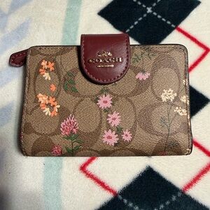 Coach Brown Signature Canvas Floral Bifold Wallet with Pink Accents